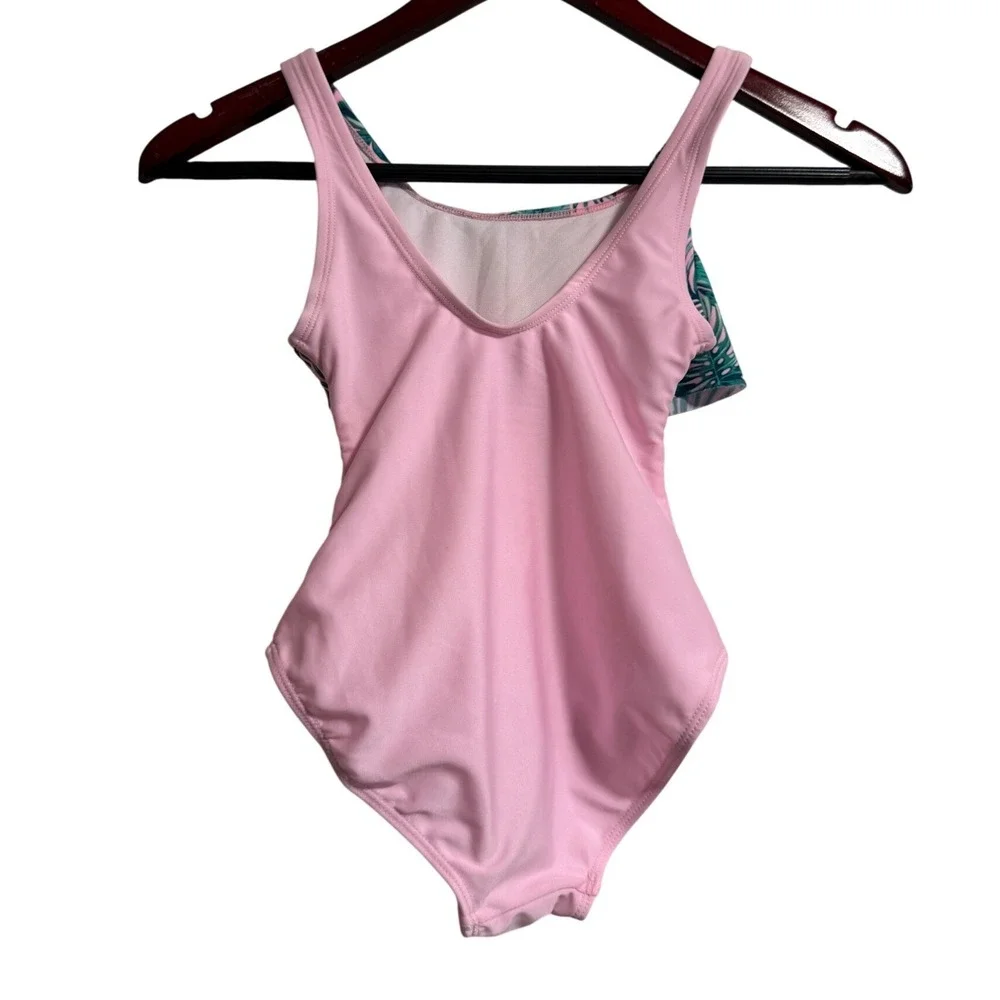 Ivys Vine Toddler Girl Pink Tropical Palm Leaf Ruffle One Piece Swimsuit 2T NWOT